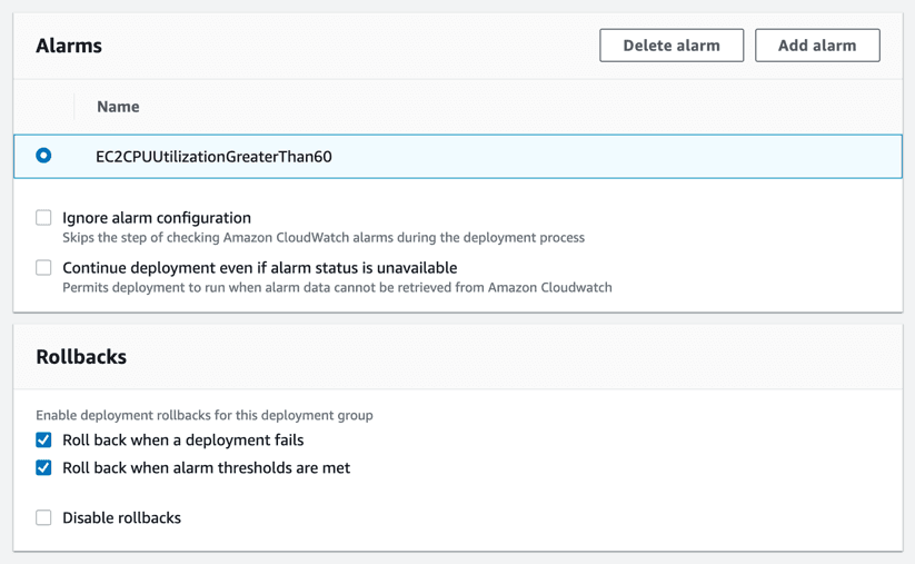 CodeDeploy configuration to rollback deployment when Alarm goes off