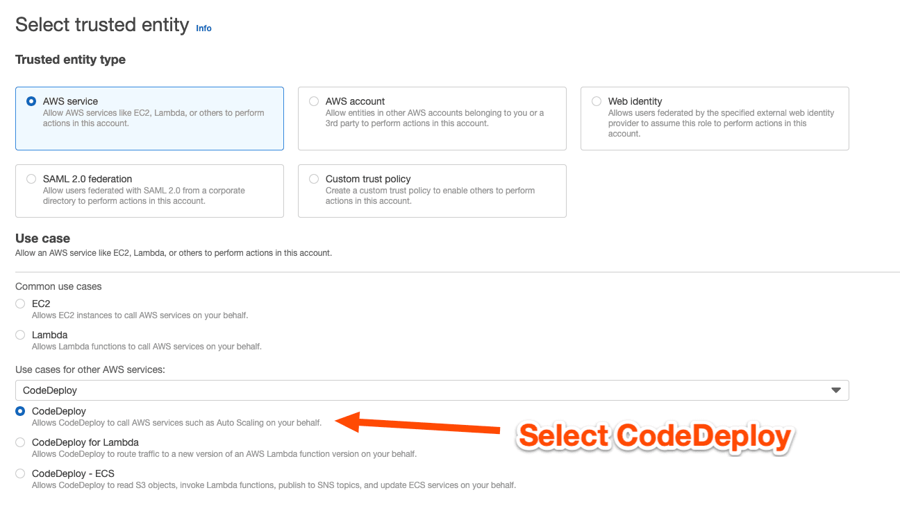 Create an IAM role for CodeDeploy EC2