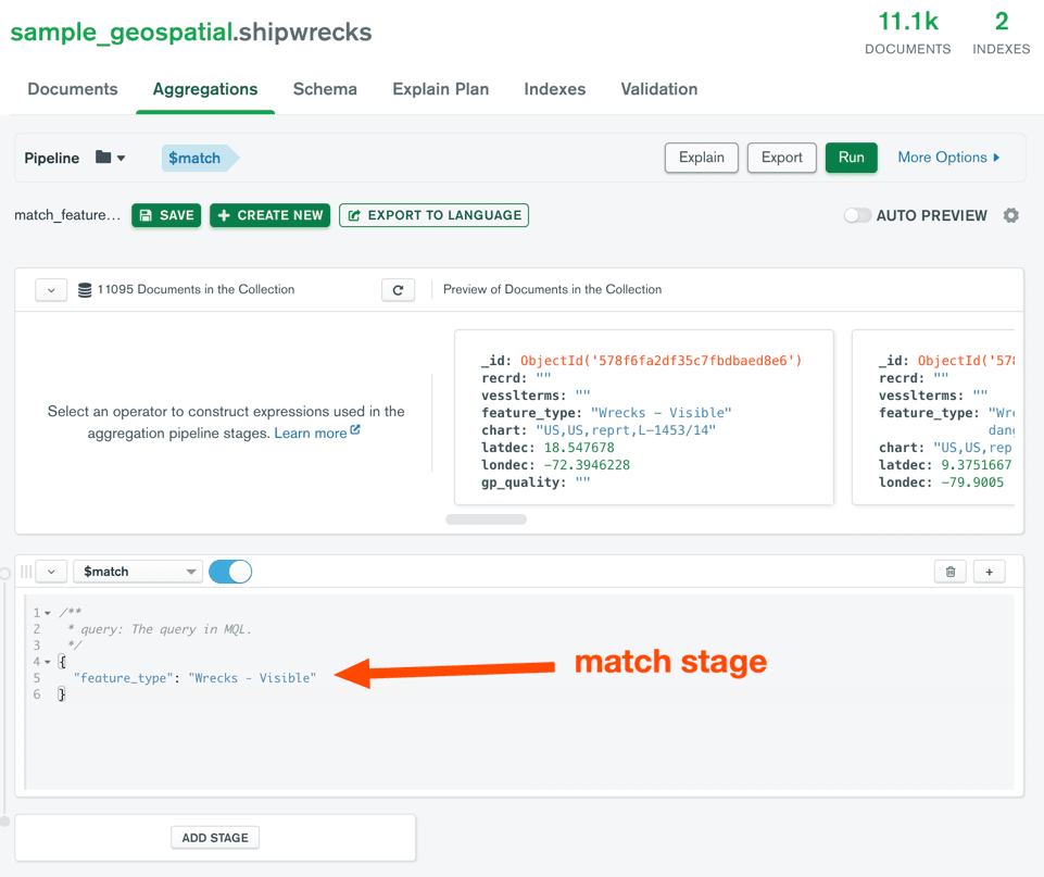 $match stage in MongoDB aggregation pipeline using Compass