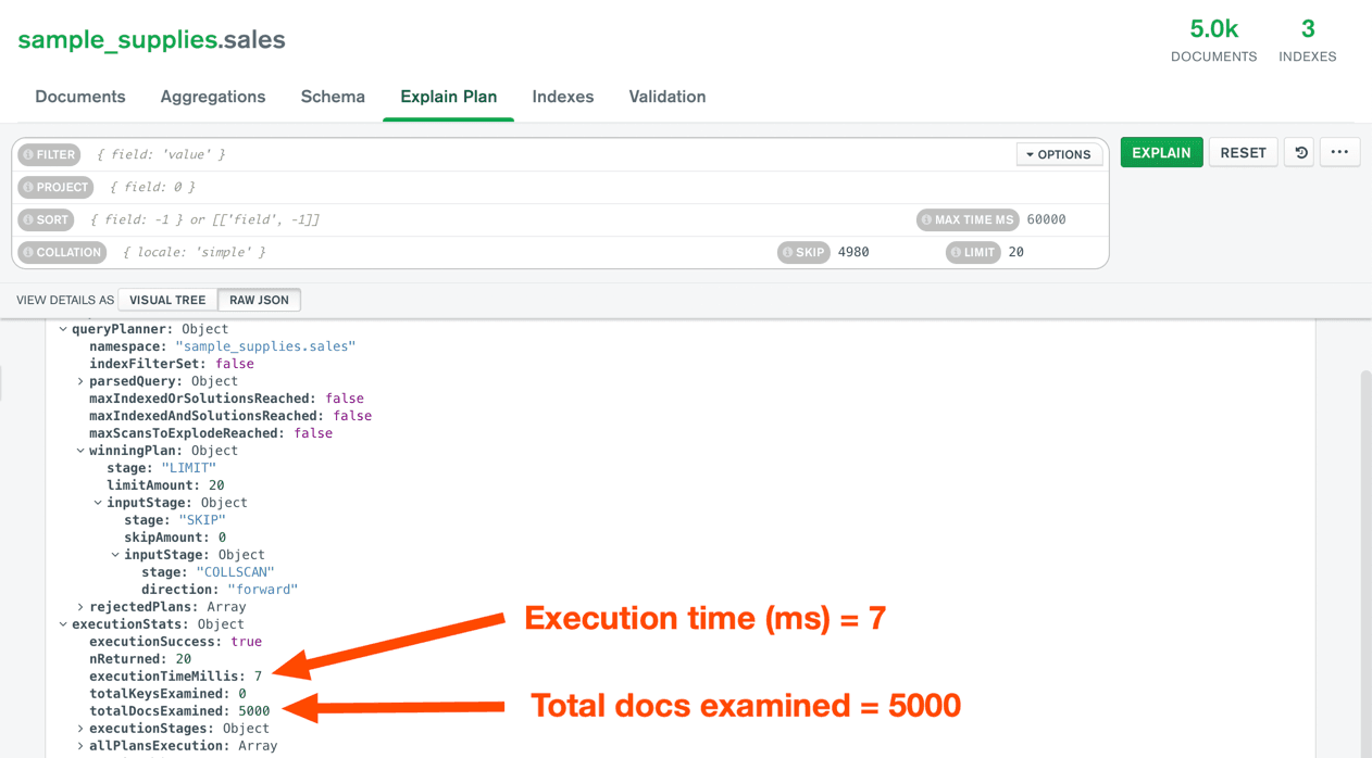 MongoDB Explain output for cursor paginated request