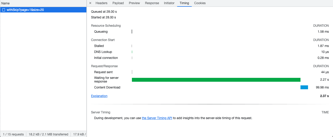 Network performance for offset based pagination request in Nodejs API