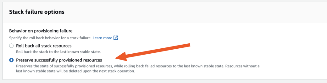 Configure rollback policy in AWS CloudFormation