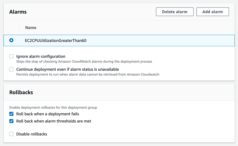 CodeDeploy configuration to rollback deployment when Alarm goes off