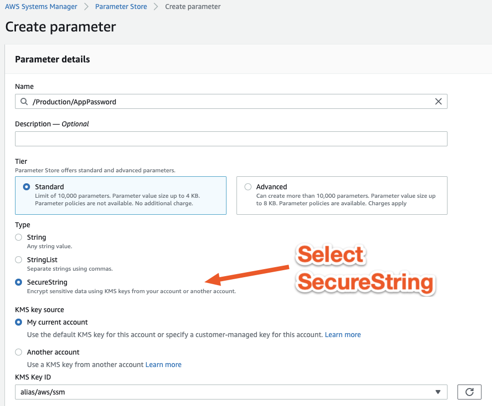 Create a secure parameter in AWS parameter store